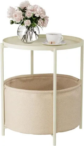 2 Tier Modern Side Table, Round End Table Living Room with Fabric Basket, Small Metal Bedside Nightstand with Removable Tray for Living Room, Bedroom, Office, Cream