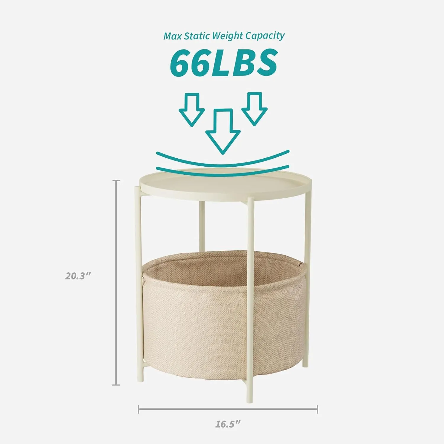 2 Tier Modern Side Table, Round End Table Living Room with Fabric Basket, Small Metal Bedside Nightstand with Removable Tray for Living Room, Bedroom, Office, Cream