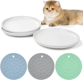 3 Ceramic Cat Bowls with Non-Slip Mats, Wide & Shallow Whisker Relief Dishes, Dishwasher-Safe Plates for Cats, Kittens, and Puppies