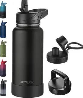32oz Insulated Water Bottle with Straw, Stainless Steel Metal Vacuum Water Flask, Large Thermos Water bottle with Leakproof 3 Lids for Travel, Camping, Gym Sports Black