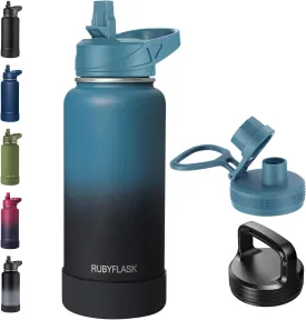 32oz Insulated Water Bottle with Straw, Stainless Steel Metal Vacuum Water Flask, Large Thermos Water bottle with Leakproof 3 Lids for Travel, Camping, Gym Sports Indigo Black