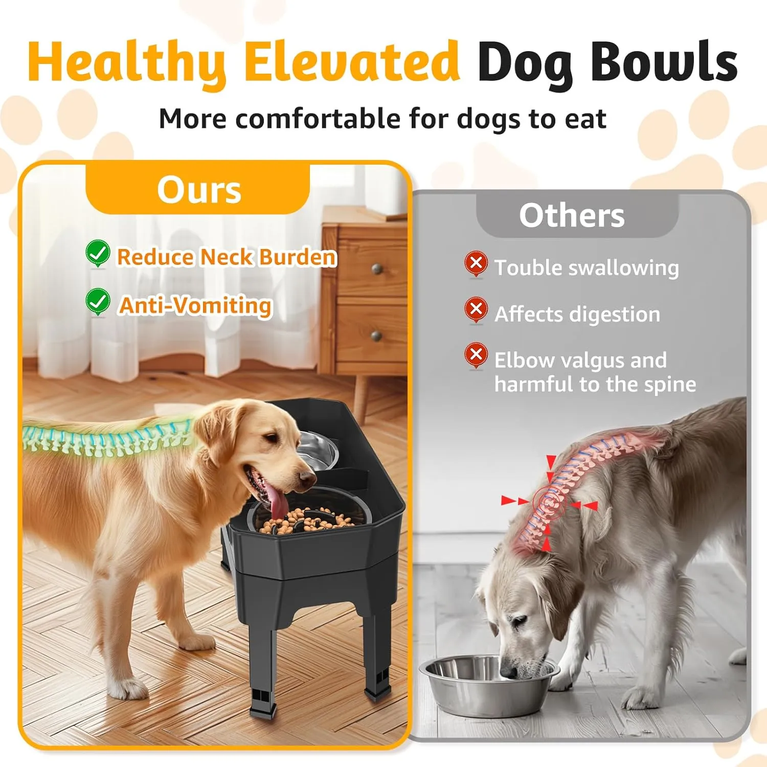 4 in 1 Large Elevated Dog Bowls: 4 Adjustable Height Raised Dog Bowl Stand with Mess Proof Design - Slow Feeder Licking Plate with 2 * 53oz Food Bowls