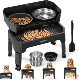 4 in 1 Large Elevated Dog Bowls: 4 Adjustable Height Raised Dog Bowl Stand with Mess Proof Design - Slow Feeder Licking Plate with 2 * 53oz Food Bowls