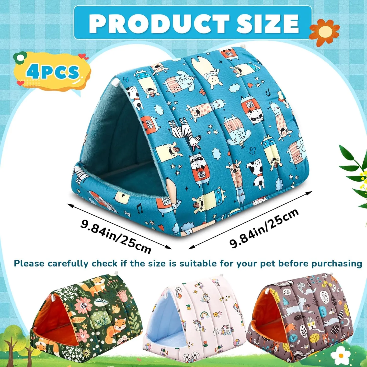 4 Pcs Guinea Pig Hideout, Guinea Pig Bed Tunnel, Rabbit Washable Small House Cage Accessories for Bunny Hedgehog Mouse Chinchillas Hamsters Ferrets Bearded Dragons Rats (Forest,9.8 in)
