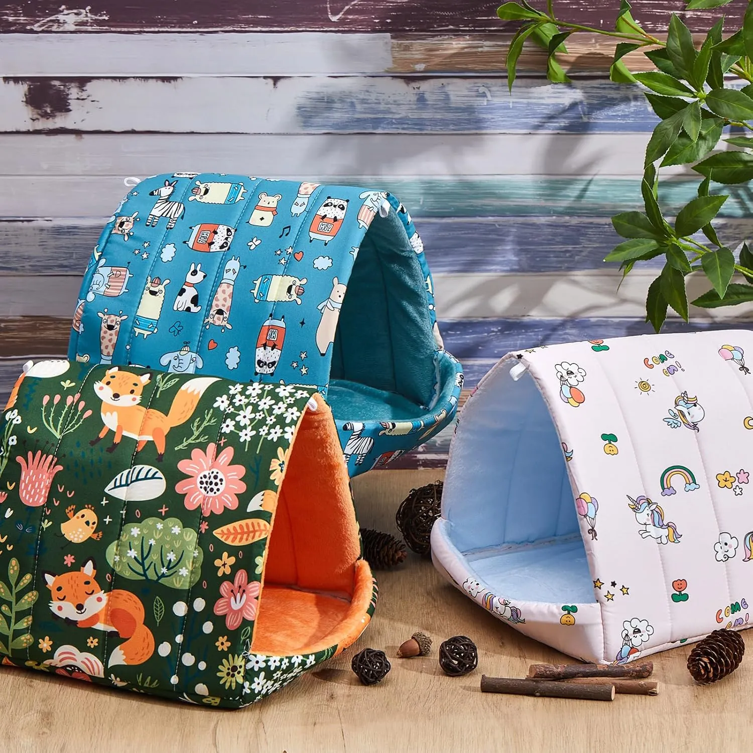 4 Pcs Guinea Pig Hideout, Guinea Pig Bed Tunnel, Rabbit Washable Small House Cage Accessories for Bunny Hedgehog Mouse Chinchillas Hamsters Ferrets Bearded Dragons Rats (Forest,9.8 in)