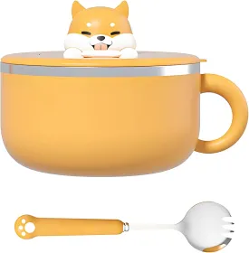 40 Oz Shiba Inu Ramen Bowl with Phone Stand Lid, Stainless Steel Insulated Noodle Bowl & Spork for Lunch & Travel