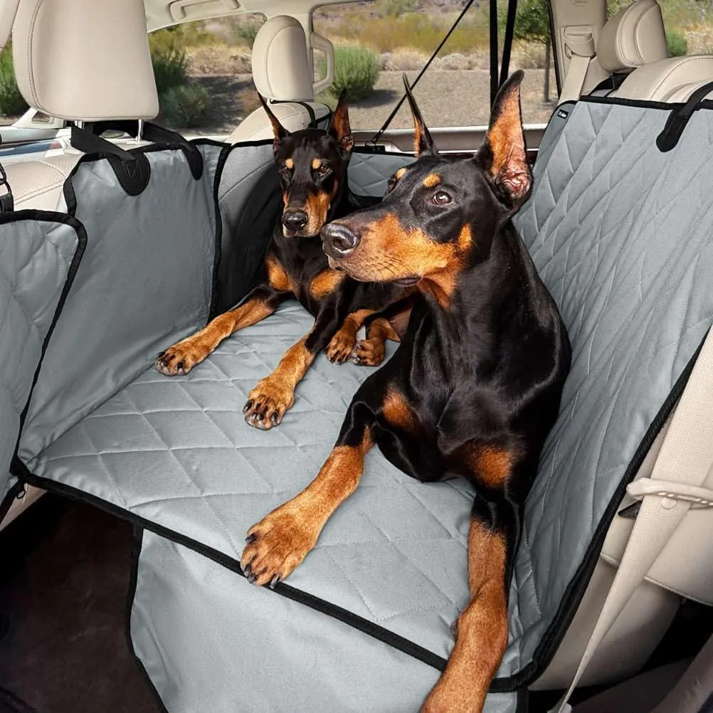4Knines Hard Bottom Back Seat Extender for Dogs  Waterproof Dog Car Seat Cover  Heavy Duty Backseat Protector for Cars, SUVs, Trucks  Built-in EZ Open Door Protector (Patent Pending) Grey, Regular