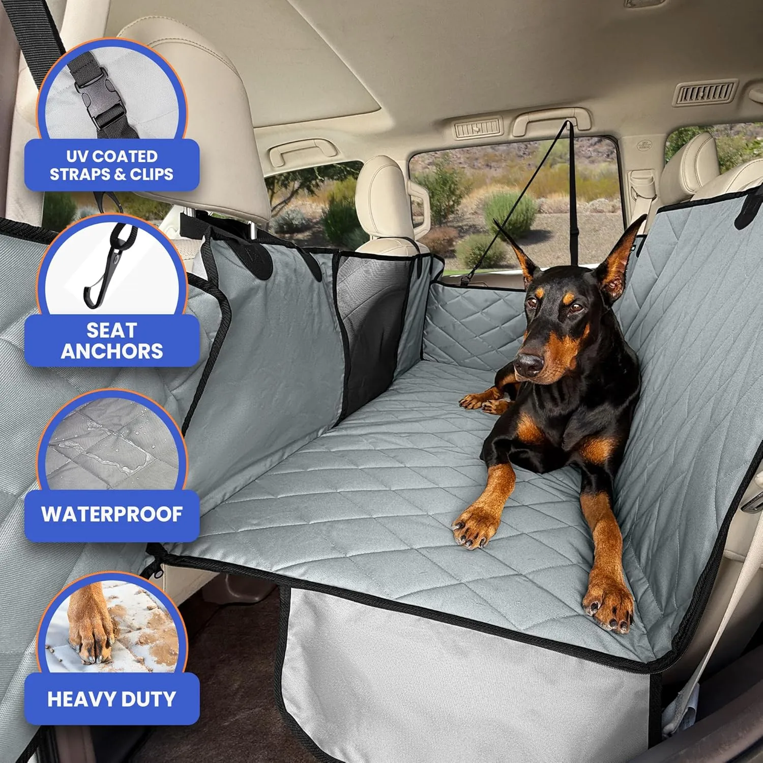 4Knines Hard Bottom Back Seat Extender for Dogs  Waterproof Dog Car Seat Cover  Heavy Duty Backseat Protector for Cars, SUVs, Trucks  Built-in EZ Open Door Protector (Patent Pending) Grey, Regular