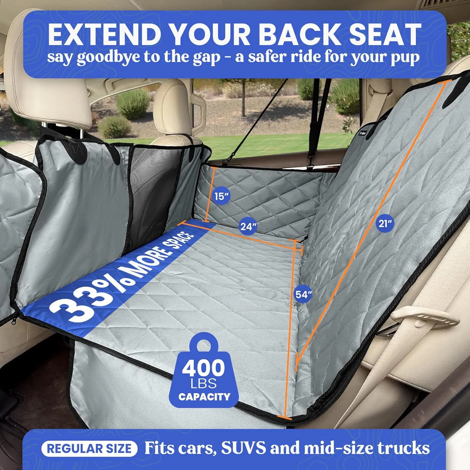 4Knines Hard Bottom Back Seat Extender for Dogs  Waterproof Dog Car Seat Cover  Heavy Duty Backseat Protector for Cars, SUVs, Trucks  Built-in EZ Open Door Protector (Patent Pending) Grey, Regular