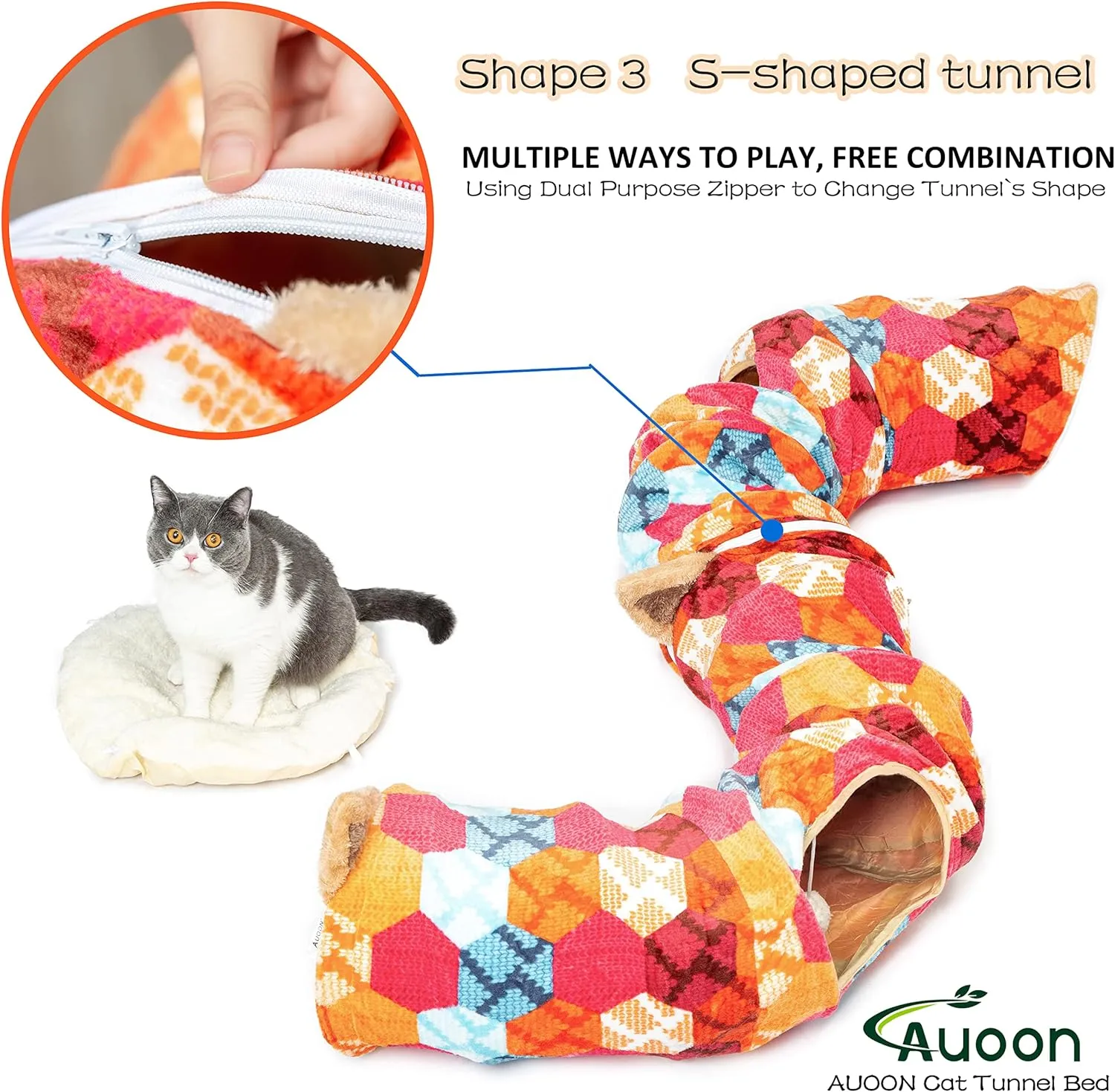AUOON Cat Tunnel Bed with Central Mat,Big Tube Playground Toys,Soft Plush Material,Full Moon Shape for Kitten,Cat,Puppy,Rabbit,Ferret (Orange)