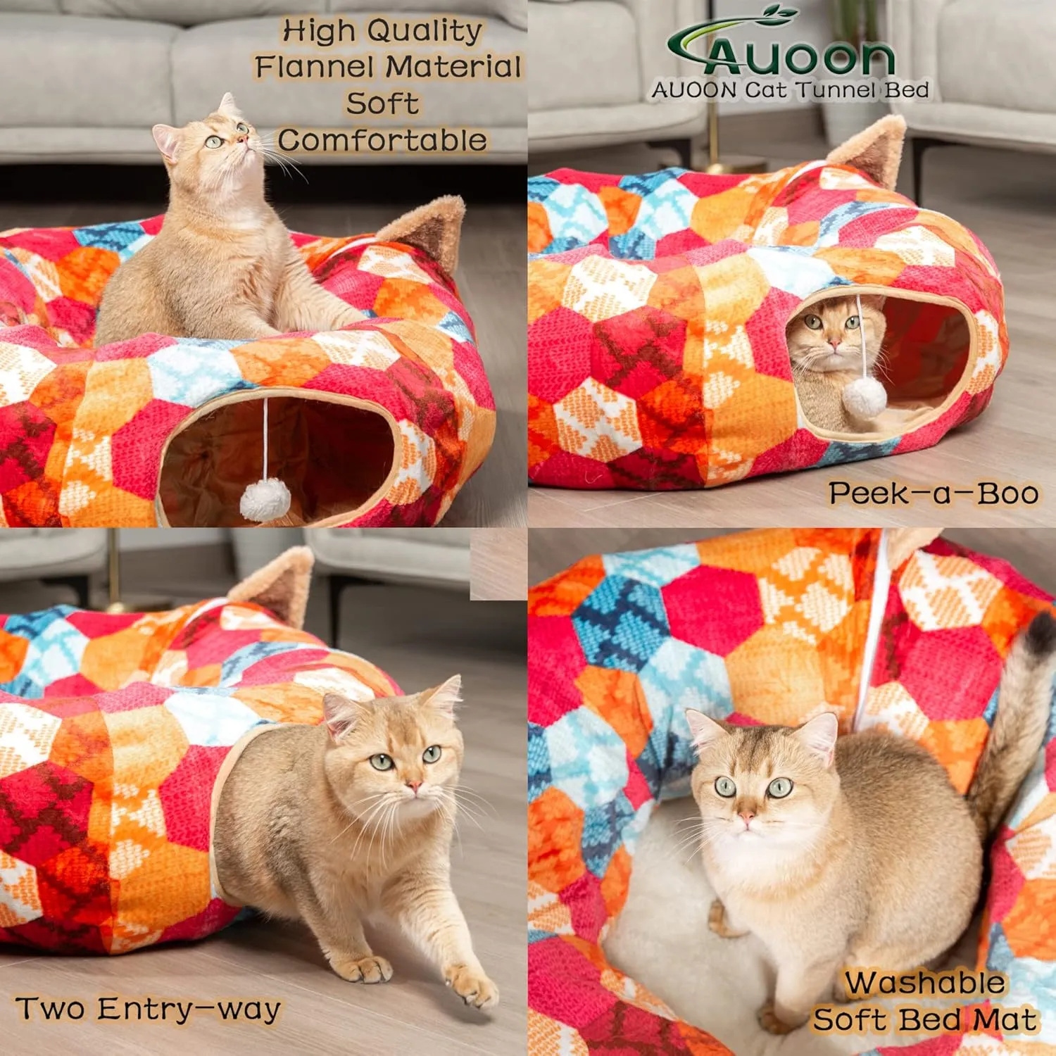 AUOON Cat Tunnel Bed with Central Mat,Big Tube Playground Toys,Soft Plush Material,Full Moon Shape for Kitten,Cat,Puppy,Rabbit,Ferret (Orange)