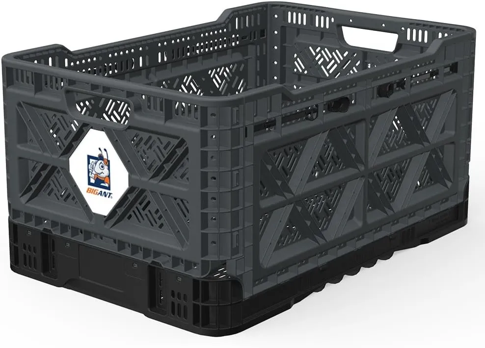 Bigant Heavy Duty Collapsible & Stackable Plastic Milk Crate - Snap Lock Foldable Industrial Garage Storage Bin Container Utility Tote Basket (Charcoal Gray, 1 Medium Crate)