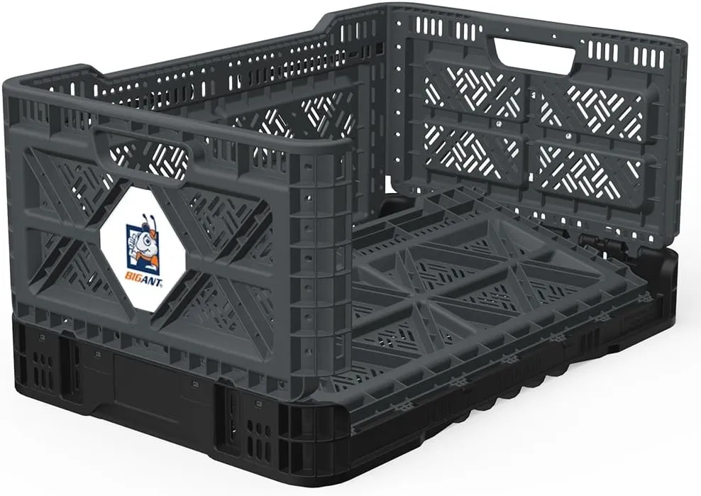 Bigant Heavy Duty Collapsible & Stackable Plastic Milk Crate - Snap Lock Foldable Industrial Garage Storage Bin Container Utility Tote Basket (Charcoal Gray, 1 Medium Crate)