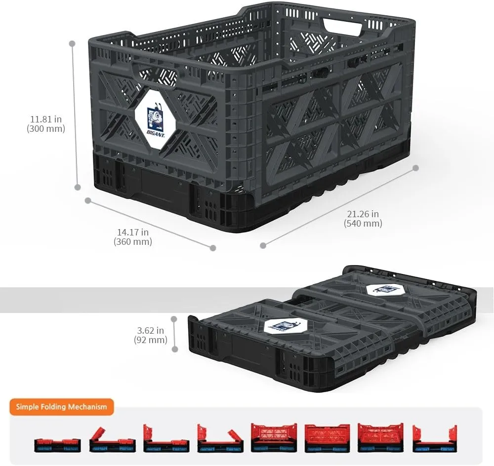 Bigant Heavy Duty Collapsible & Stackable Plastic Milk Crate - Snap Lock Foldable Industrial Garage Storage Bin Container Utility Tote Basket (Charcoal Gray, 1 Medium Crate)