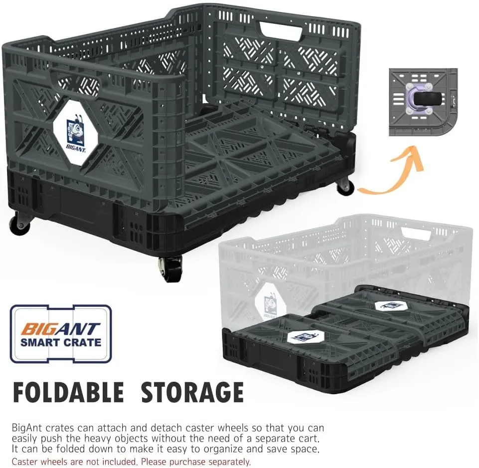 Bigant Heavy Duty Collapsible & Stackable Plastic Milk Crate - Snap Lock Foldable Industrial Garage Storage Bin Container Utility Tote Basket (Charcoal Gray, 1 Medium Crate)