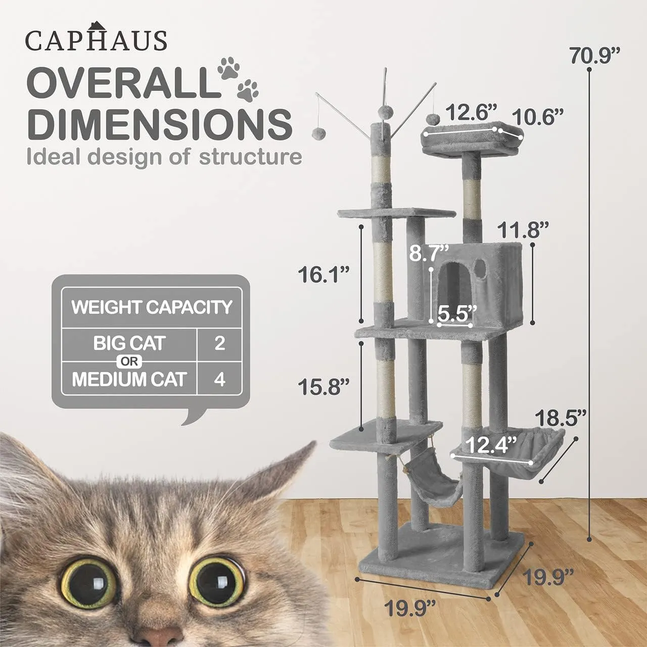CAPHAUS 70-Inch Multi-Level Tall Cat Tree with Cute Top Perch, Scratching Posts, Cat Activity Tree w/Modern Hammock, Cat Cave Condo for Large Cats Kittens Tall Cat Climbing Play Tower