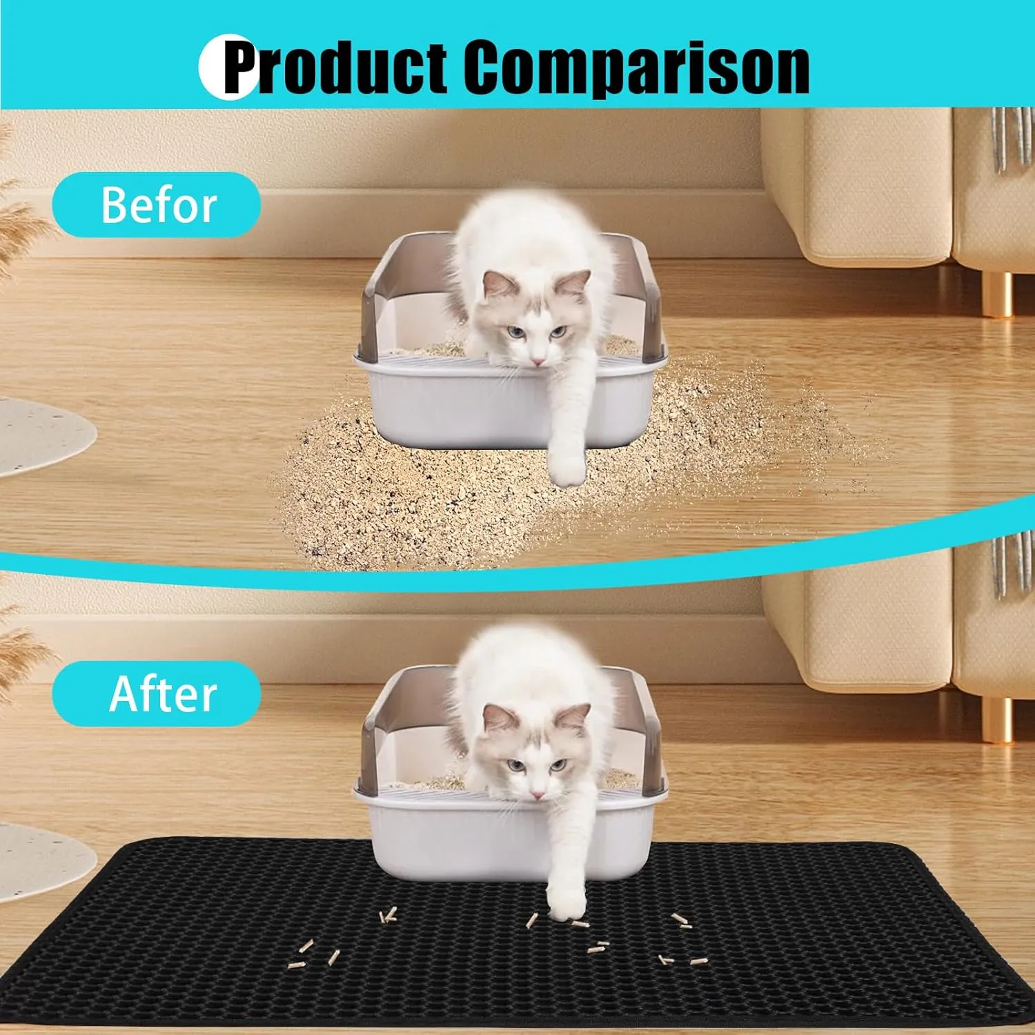 Cat Litter Mat, Kitty Litter Collector, Double Layered Honeycomb Design Waterproof, Anti Urine, Anti Slip, Easy to Clean, Limit Garbage (35"x24", Black)