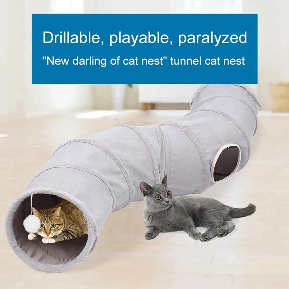 Cat Tunnel for Indoor Cats Collapsible Cat Toys Play Tube S Shape Cat Tunnel Grey Suede Pet Crinkle Tunnels with Ball