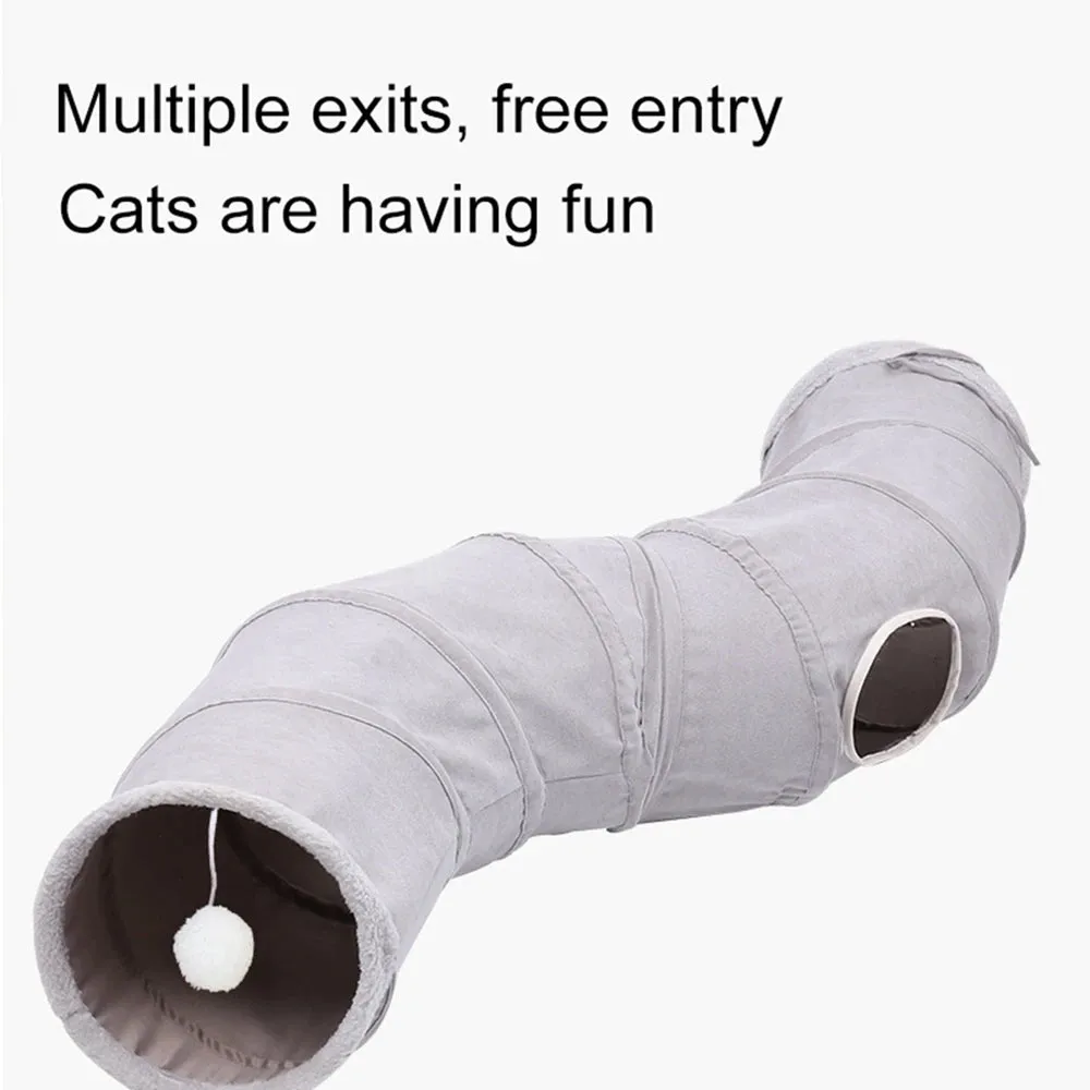 Cat Tunnel for Indoor Cats Collapsible Cat Toys Play Tube S Shape Cat Tunnel Grey Suede Pet Crinkle Tunnels with Ball