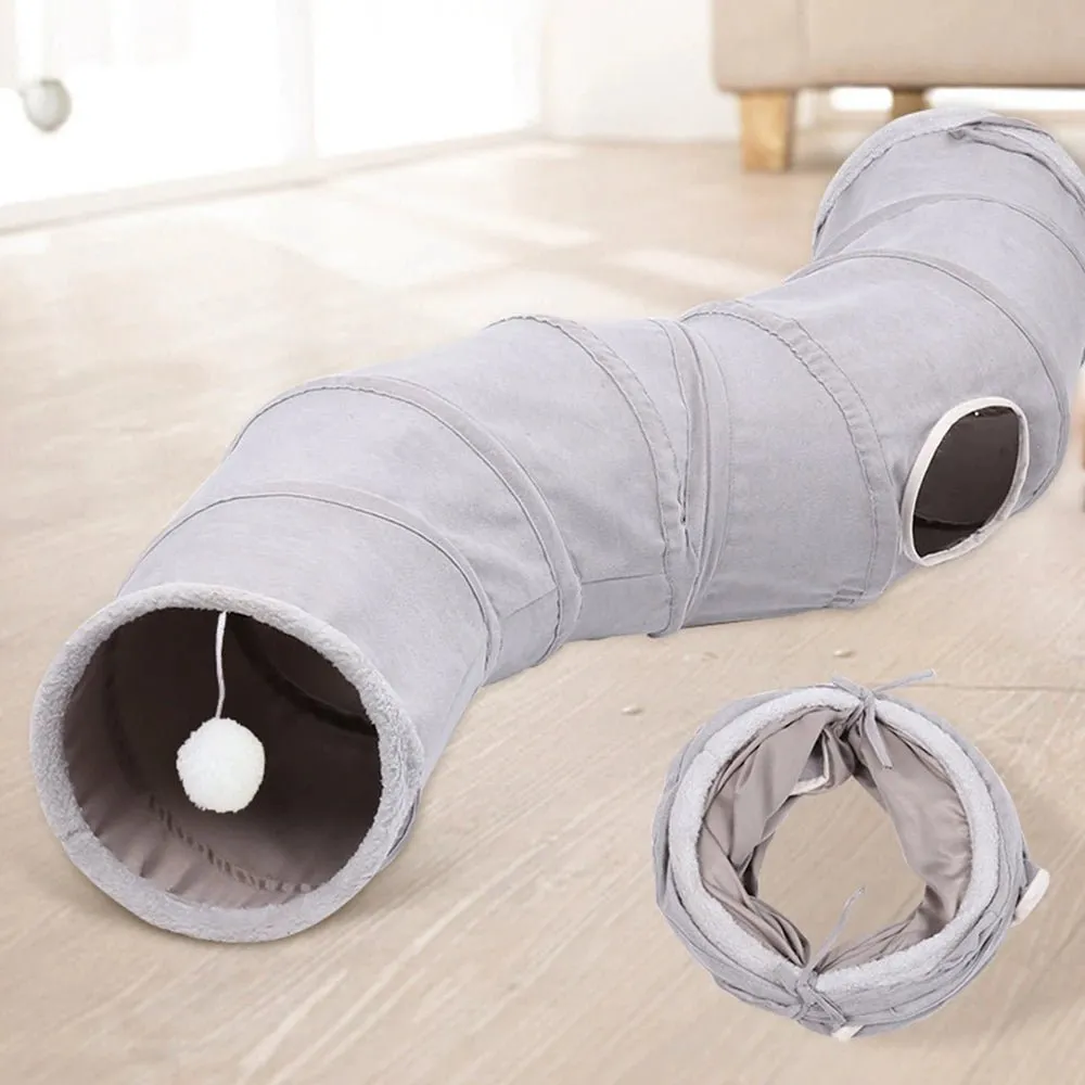 Cat Tunnel for Indoor Cats Collapsible Cat Toys Play Tube S Shape Cat Tunnel Grey Suede Pet Crinkle Tunnels with Ball