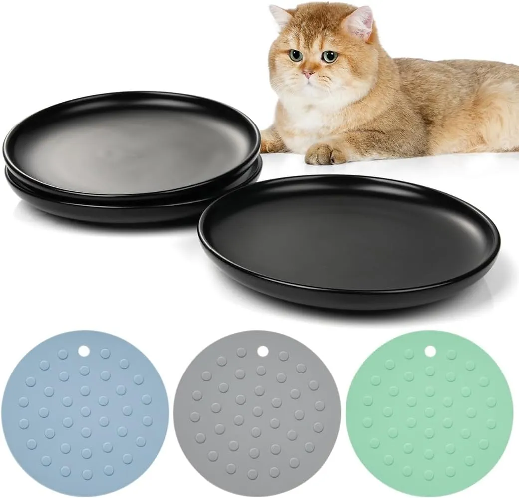 Ceramic Cat Bowls 3-Pack with Non-Slip Mats, Shallow, Wide Plates for Cats and Puppies, Dishwasher Safe, Relieves Whisker Fatigue