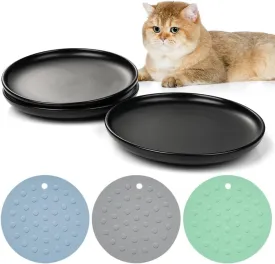 Ceramic Cat Bowls 3-Pack with Non-Slip Mats, Shallow, Wide Plates for Cats and Puppies, Dishwasher Safe, Relieves Whisker Fatigue