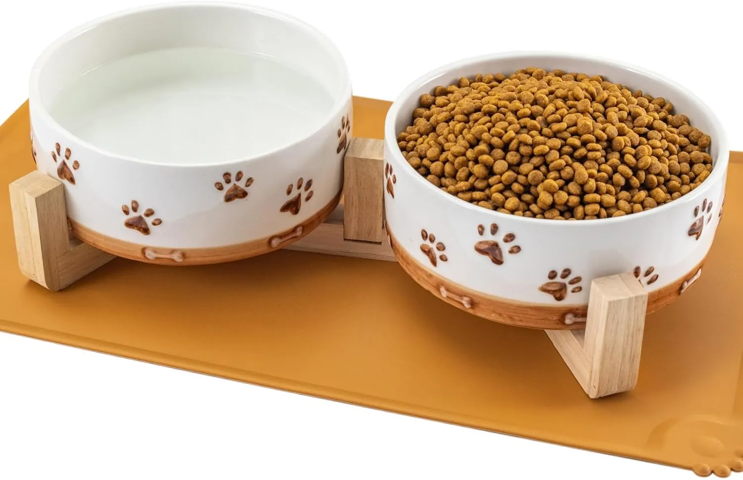 Ceramic Dog Bowls for Small and Medium Dogs, 32 OZ Dog Food and Water Bowl Set with Wooden Stand and Non-Slip Silicone Food Mat, Weighted Embossed Cute Puppy Bowls Feeding Dishes Set of 2