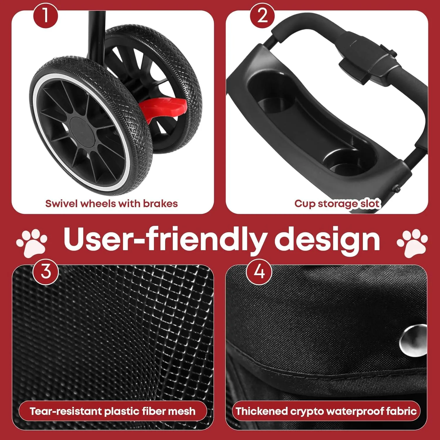 CHIHUAHUA 2-in-1 Foldable Pet Stroller with Canopy,3 Wheels Pet Strolling Cart for Small/Medium Dogs and Cats with Removable Carrier, Breathable Mesh,Cup Holders, Easy Assembly,Red Black
