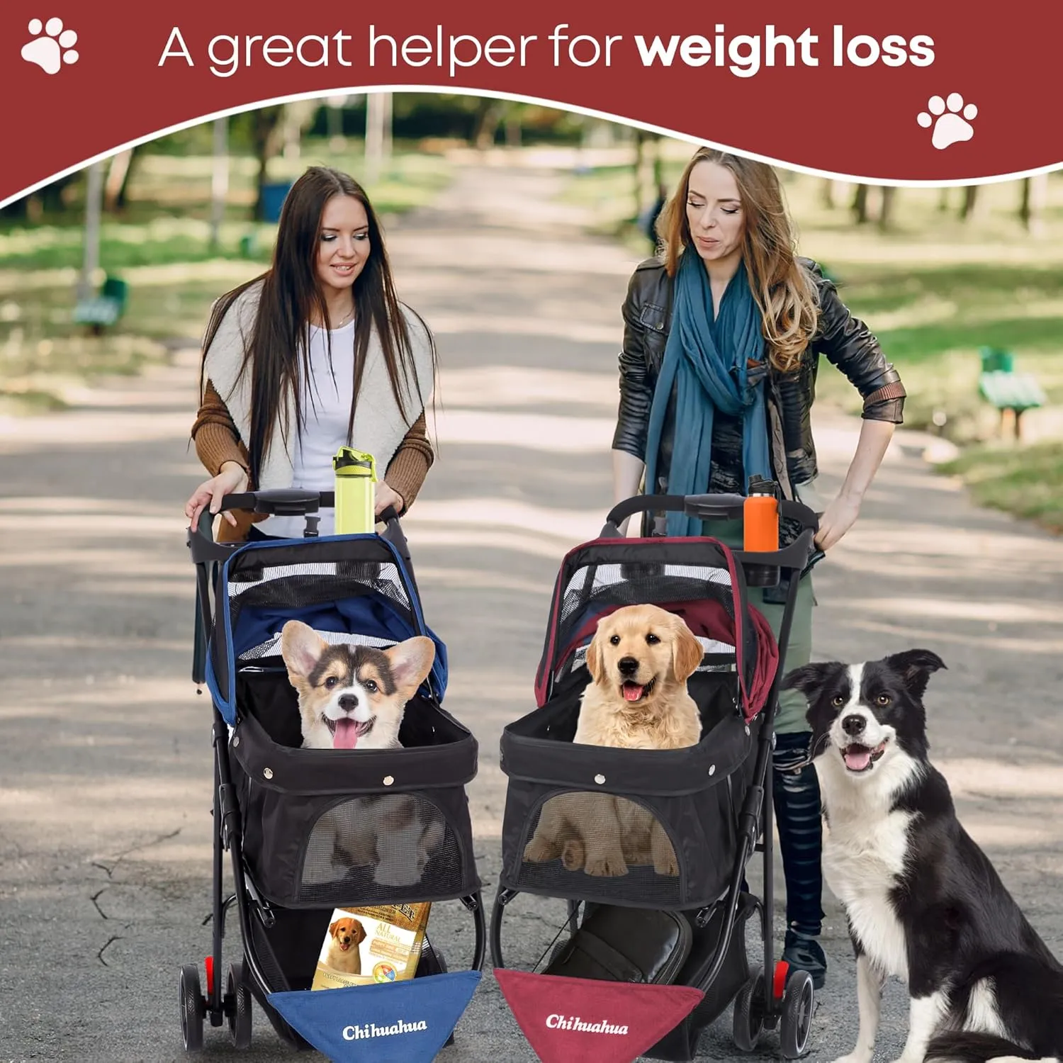 CHIHUAHUA 2-in-1 Foldable Pet Stroller with Canopy,3 Wheels Pet Strolling Cart for Small/Medium Dogs and Cats with Removable Carrier, Breathable Mesh,Cup Holders, Easy Assembly,Red Black