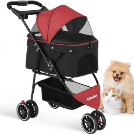 CHIHUAHUA 2-in-1 Foldable Pet Stroller with Canopy,3 Wheels Pet Strolling Cart for Small/Medium Dogs and Cats with Removable Carrier, Breathable Mesh,Cup Holders, Easy Assembly,Red Black