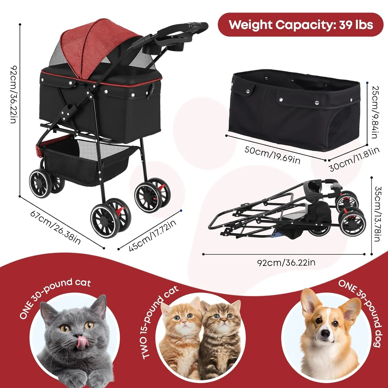 CHIHUAHUA 2-in-1 Foldable Pet Stroller with Canopy,3 Wheels Pet Strolling Cart for Small/Medium Dogs and Cats with Removable Carrier, Breathable Mesh,Cup Holders, Easy Assembly,Red Black