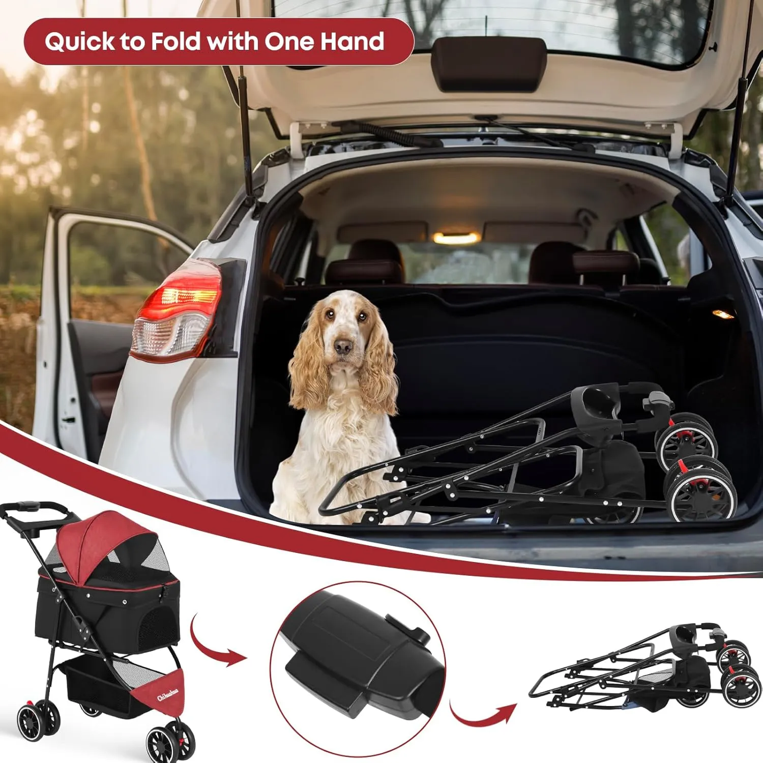 CHIHUAHUA 2-in-1 Foldable Pet Stroller with Canopy,3 Wheels Pet Strolling Cart for Small/Medium Dogs and Cats with Removable Carrier, Breathable Mesh,Cup Holders, Easy Assembly,Red Black