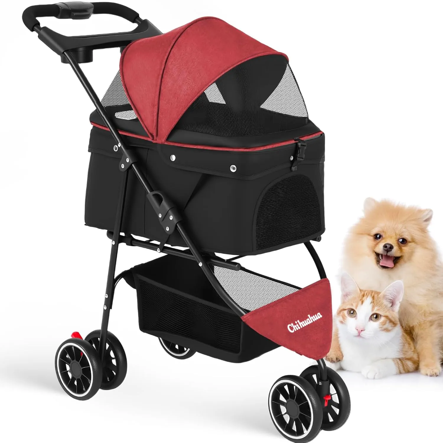 CHIHUAHUA 2-in-1 Foldable Pet Stroller with Canopy,3 Wheels Pet Strolling Cart for Small/Medium Dogs and Cats with Removable Carrier, Breathable Mesh,Cup Holders, Easy Assembly,Red Black