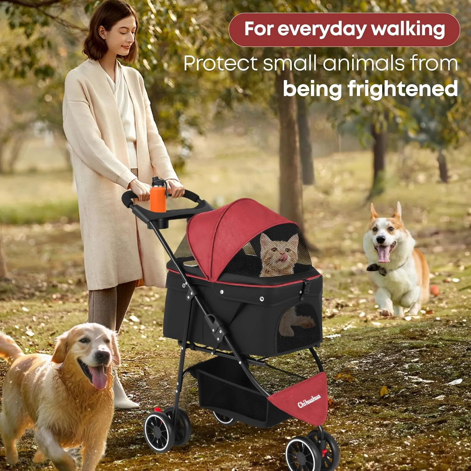 CHIHUAHUA 2-in-1 Foldable Pet Stroller with Canopy,3 Wheels Pet Strolling Cart for Small/Medium Dogs and Cats with Removable Carrier, Breathable Mesh,Cup Holders, Easy Assembly,Red Black
