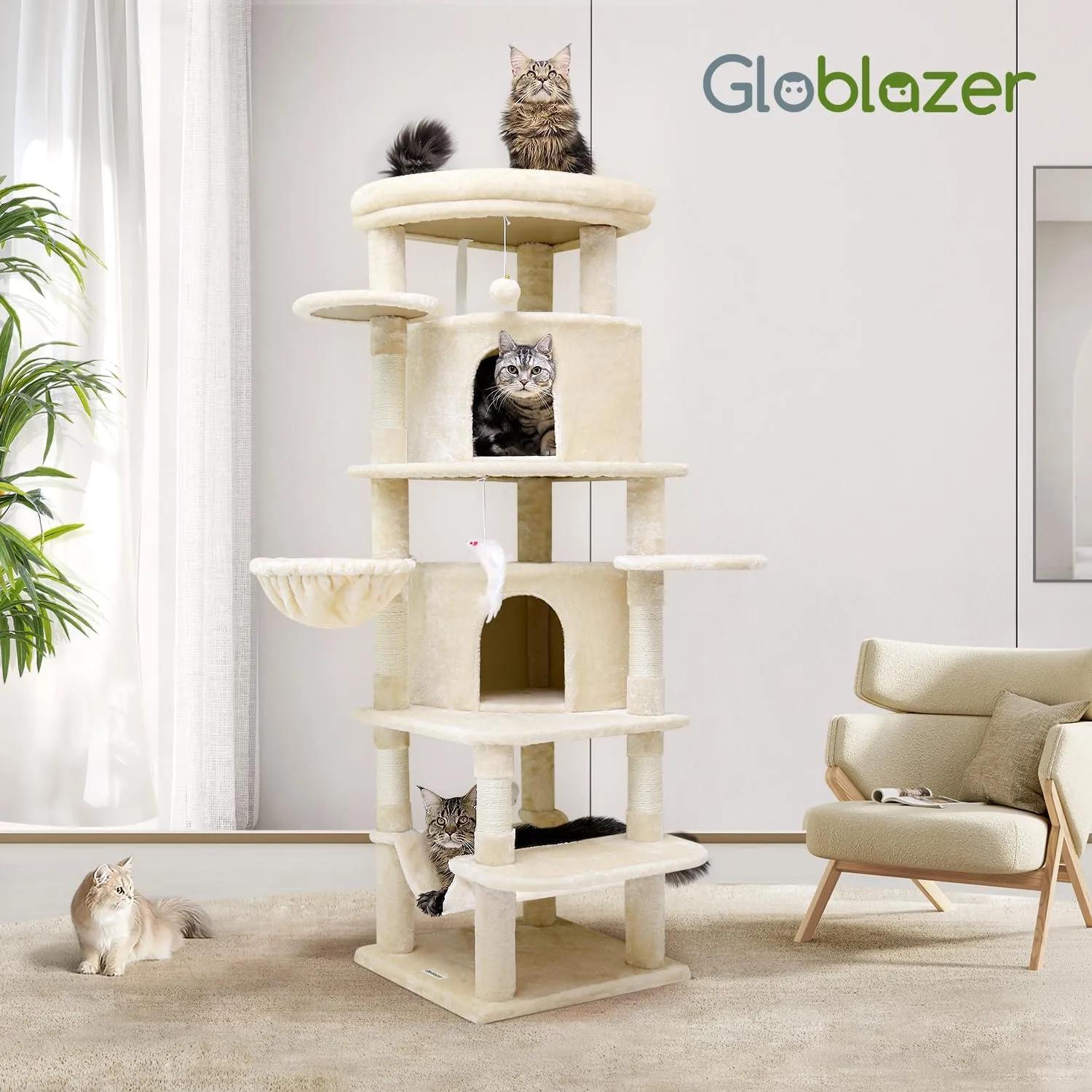 Corner Cat Tree for Large Cats, 66inch Tall Curved Series Large Cat Tower for Multiple Indoor Cats with 6 Scratching Posts, 2 Spacious Cat Condos, Hammock, Hanging Basket, C66, Beige