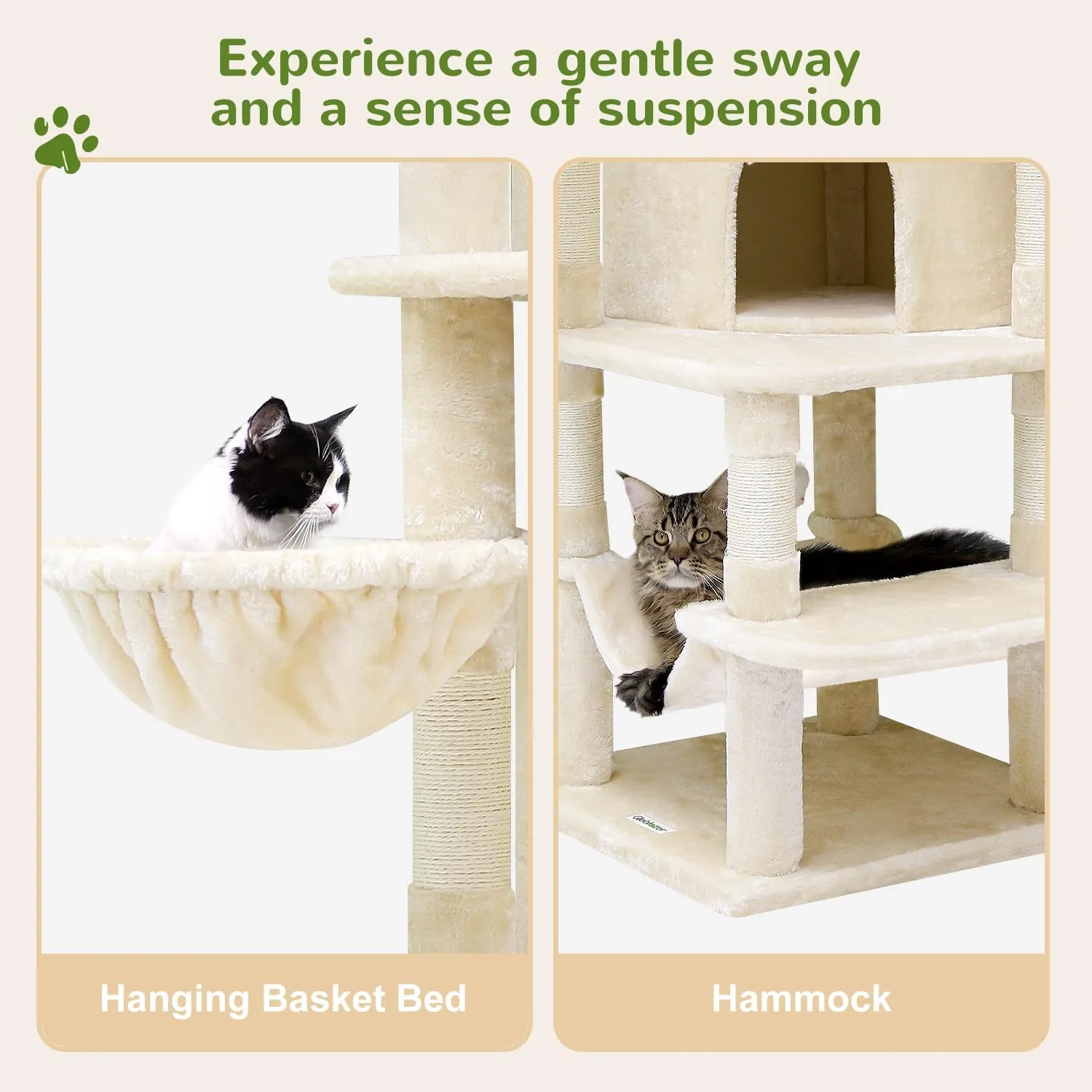 Corner Cat Tree for Large Cats, 66inch Tall Curved Series Large Cat Tower for Multiple Indoor Cats with 6 Scratching Posts, 2 Spacious Cat Condos, Hammock, Hanging Basket, C66, Beige