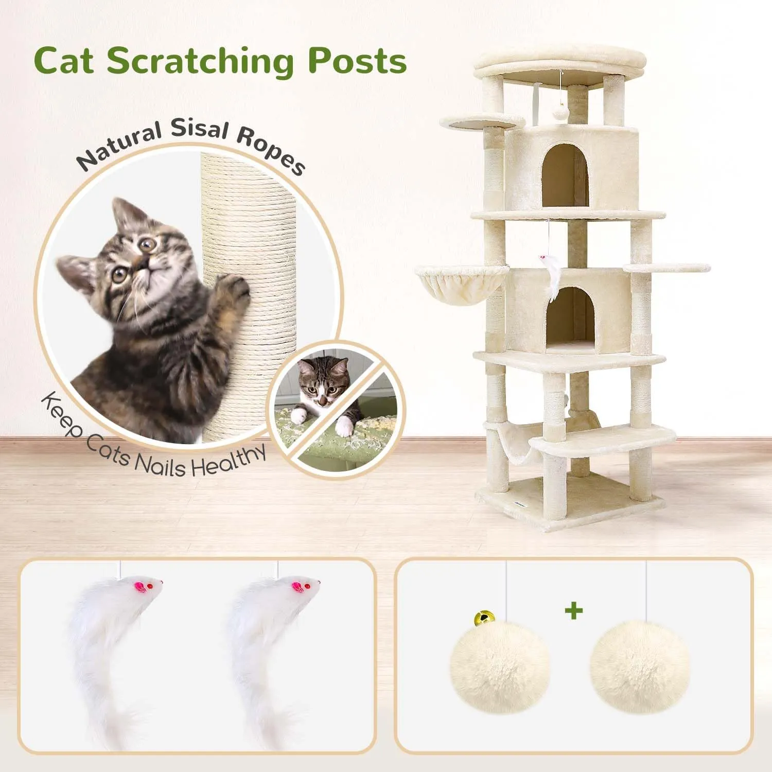 Corner Cat Tree for Large Cats, 66inch Tall Curved Series Large Cat Tower for Multiple Indoor Cats with 6 Scratching Posts, 2 Spacious Cat Condos, Hammock, Hanging Basket, C66, Beige
