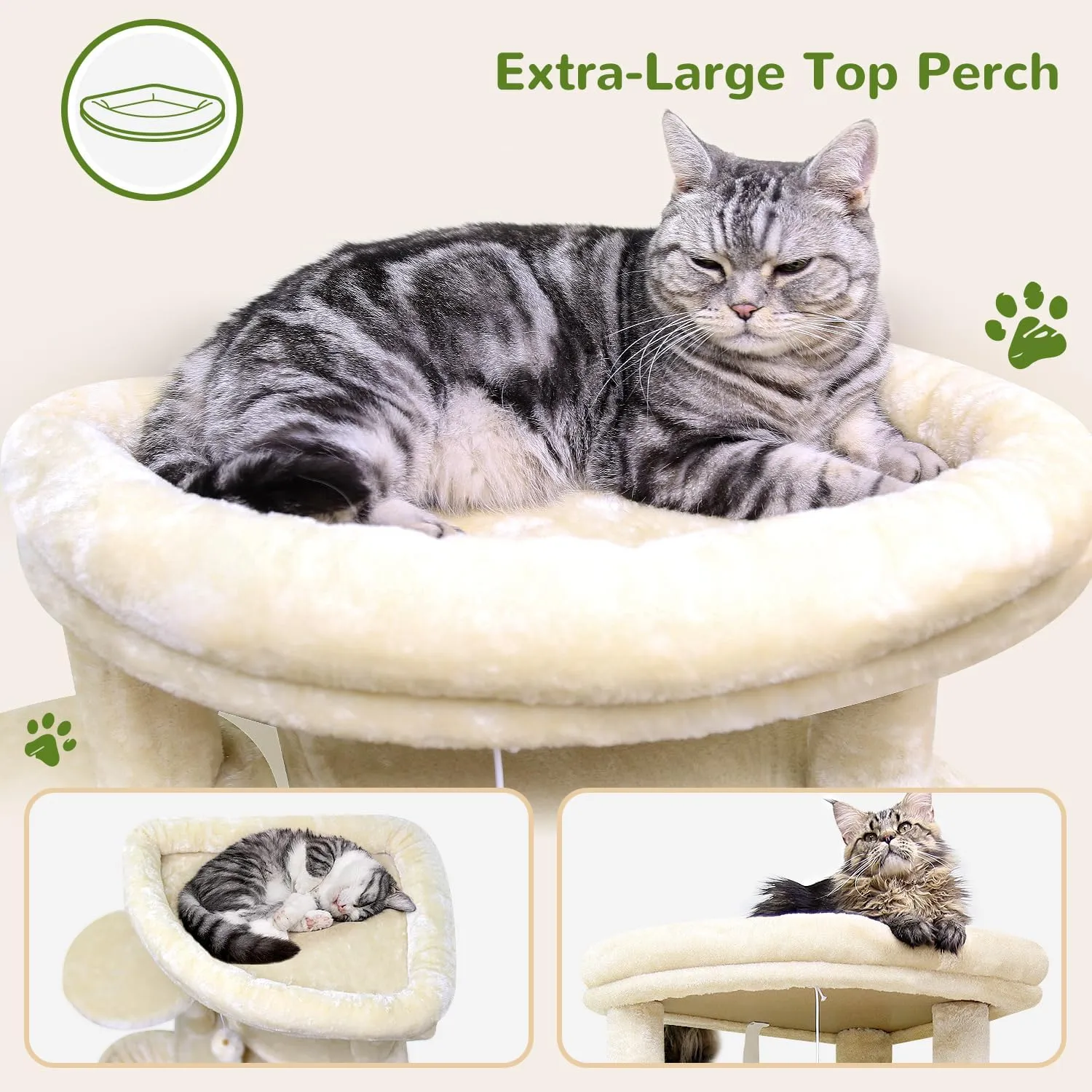 Corner Cat Tree for Large Cats, 66inch Tall Curved Series Large Cat Tower for Multiple Indoor Cats with 6 Scratching Posts, 2 Spacious Cat Condos, Hammock, Hanging Basket, C66, Beige
