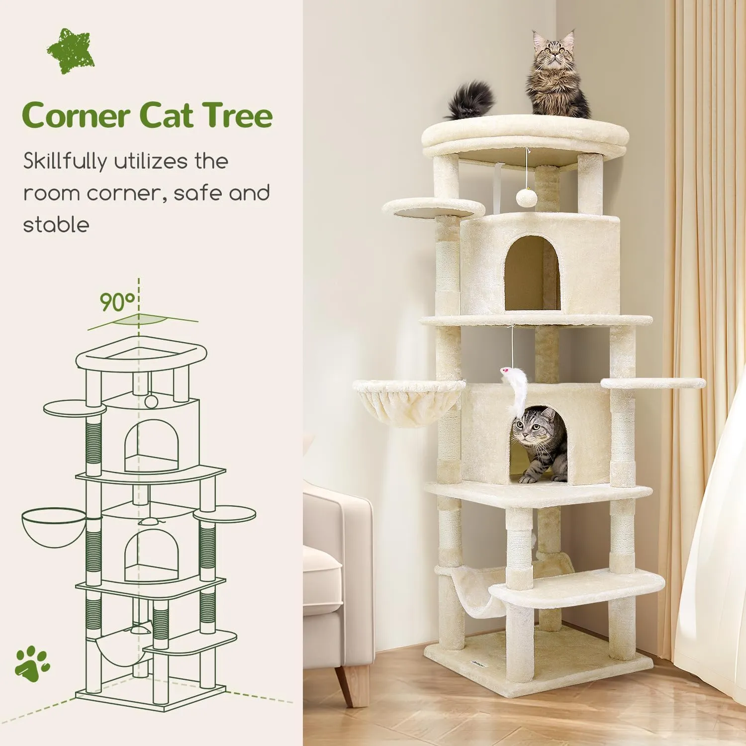 Corner Cat Tree for Large Cats, 66inch Tall Curved Series Large Cat Tower for Multiple Indoor Cats with 6 Scratching Posts, 2 Spacious Cat Condos, Hammock, Hanging Basket, C66, Beige
