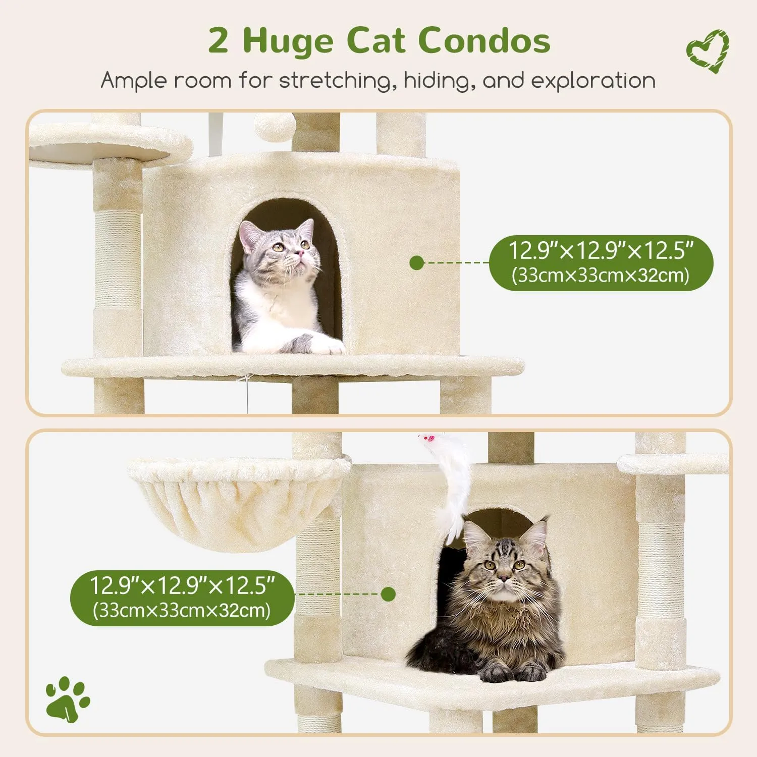 Corner Cat Tree for Large Cats, 66inch Tall Curved Series Large Cat Tower for Multiple Indoor Cats with 6 Scratching Posts, 2 Spacious Cat Condos, Hammock, Hanging Basket, C66, Beige