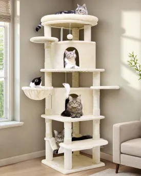 Corner Cat Tree for Large Cats, 66inch Tall Curved Series Large Cat Tower for Multiple Indoor Cats with 6 Scratching Posts, 2 Spacious Cat Condos, Hammock, Hanging Basket, C66, Beige