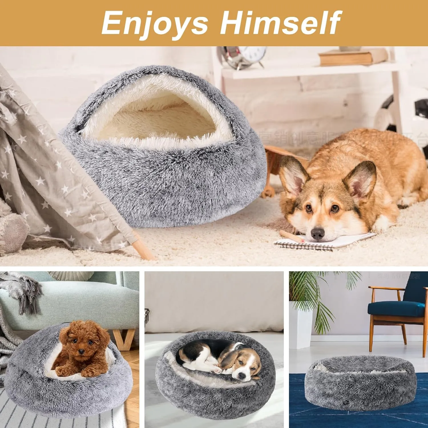 Cozy Nook Pet Bed for Dogs or Cats - Washable Cute Cat Bed, Anti-Slip Fits up to 12 lbs Pets(Grey, 20" x 20")