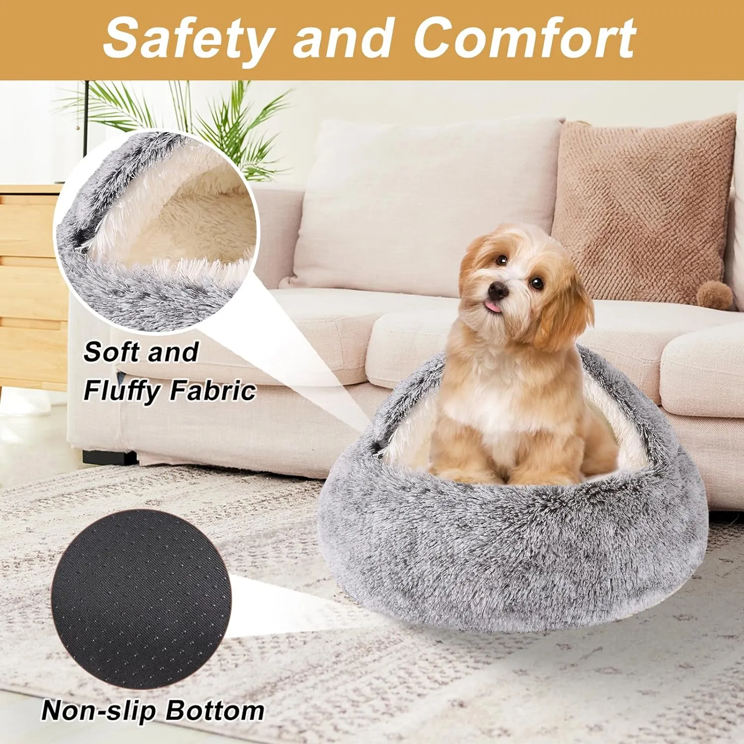 Cozy Nook Pet Bed for Dogs or Cats - Washable Cute Cat Bed, Anti-Slip Fits up to 12 lbs Pets(Grey, 20" x 20")