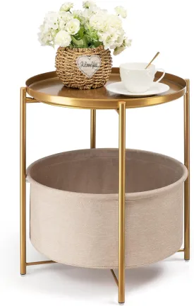danpinera Round Side Table with Fabric Storage Basket, Metal Side Small Bedside Table Nightstand with Removable Tray Top for Living Room, Bedroom, Nursery, Laundry, Gold