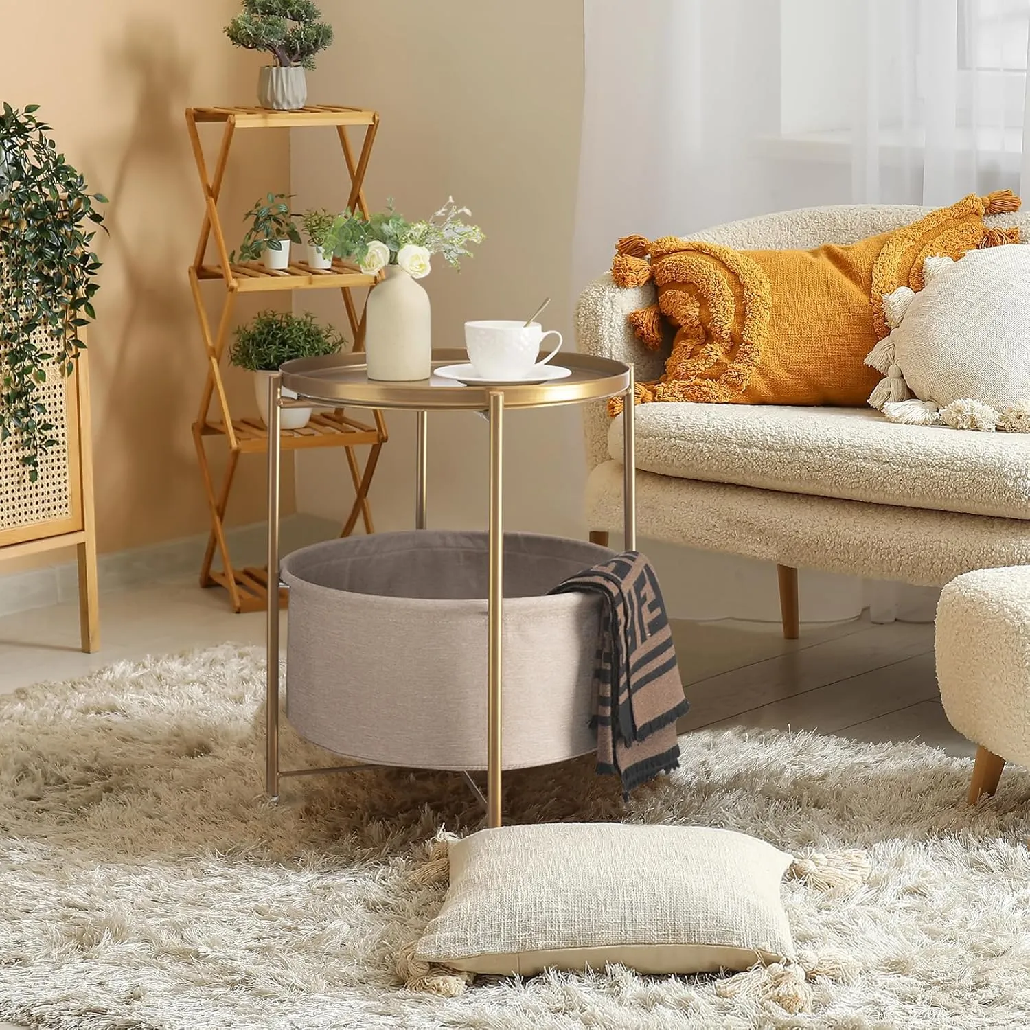 danpinera Round Side Table with Fabric Storage Basket, Metal Side Small Bedside Table Nightstand with Removable Tray Top for Living Room, Bedroom, Nursery, Laundry, Gold