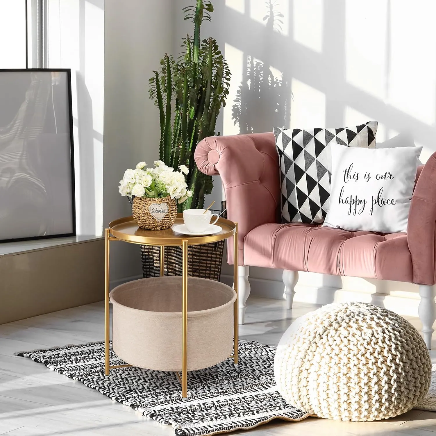 danpinera Round Side Table with Fabric Storage Basket, Metal Side Small Bedside Table Nightstand with Removable Tray Top for Living Room, Bedroom, Nursery, Laundry, Gold
