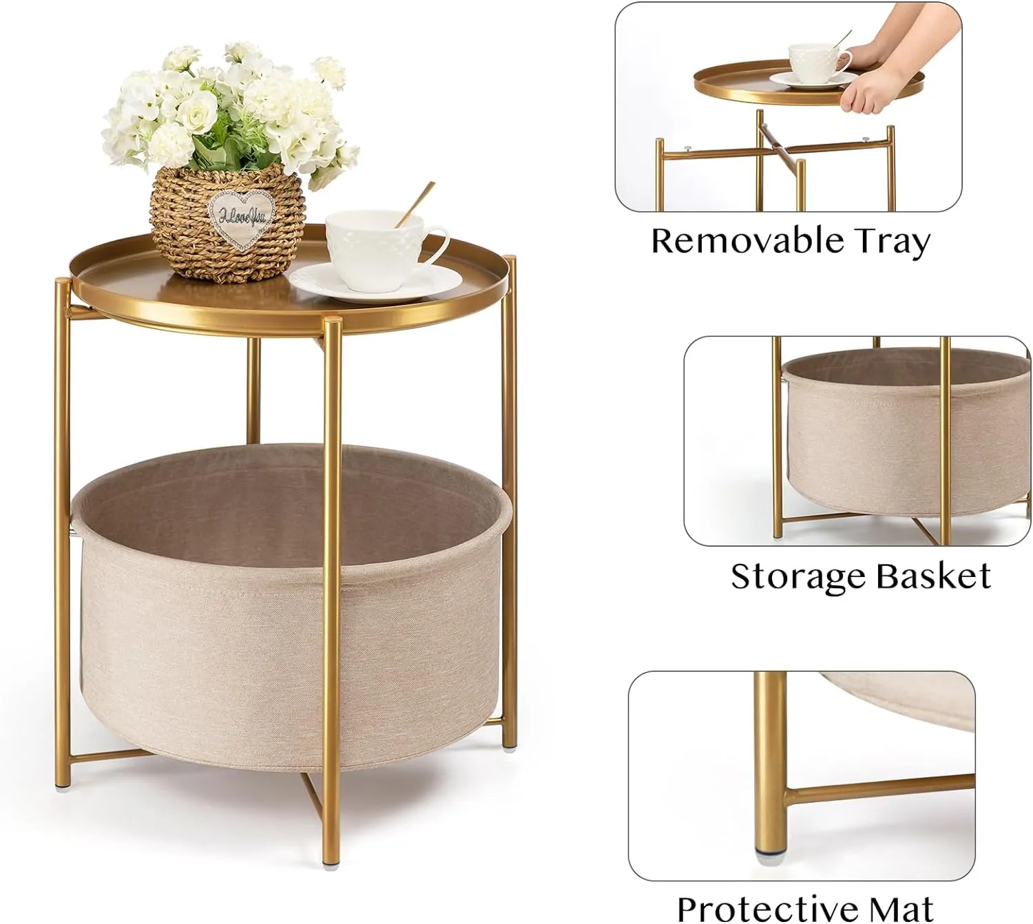 danpinera Round Side Table with Fabric Storage Basket, Metal Side Small Bedside Table Nightstand with Removable Tray Top for Living Room, Bedroom, Nursery, Laundry, Gold