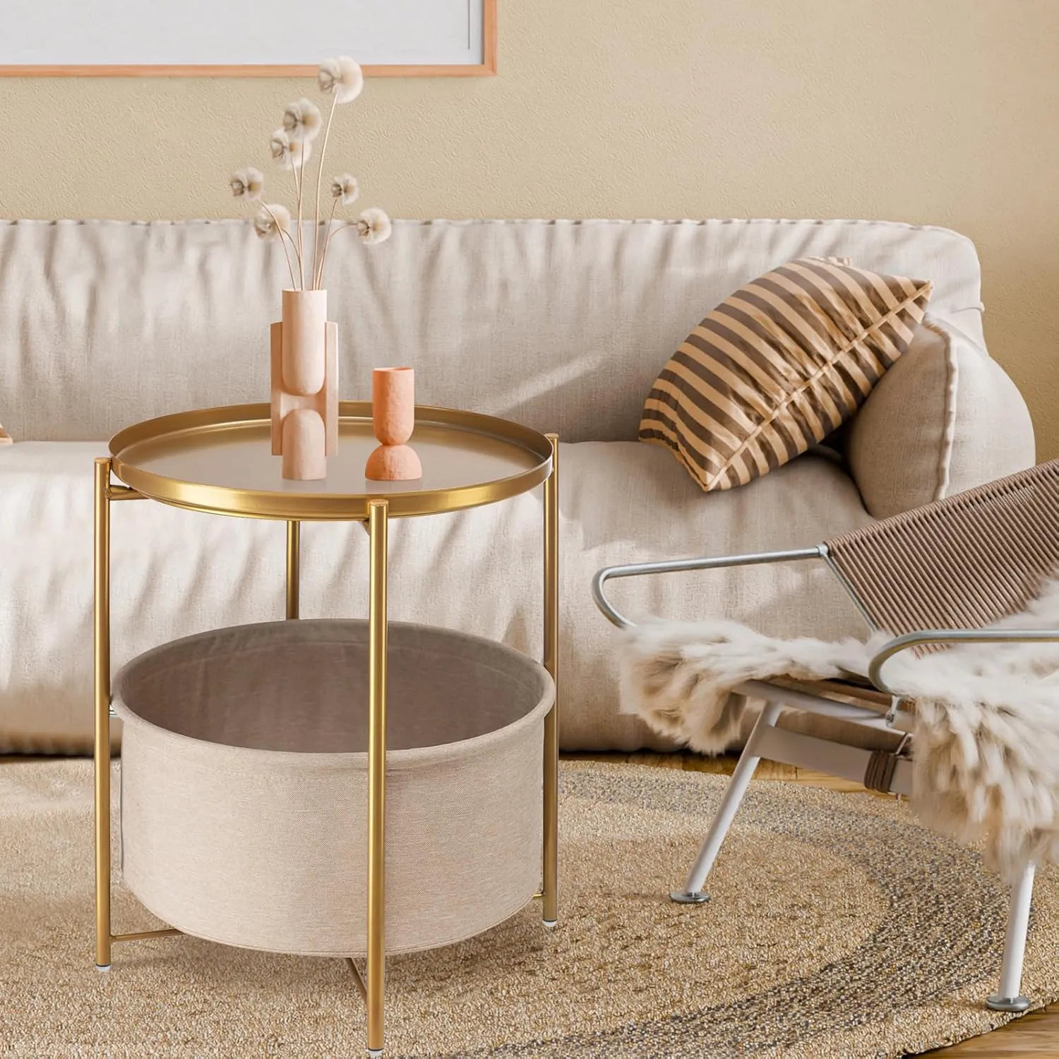 danpinera Round Side Table with Fabric Storage Basket, Metal Side Small Bedside Table Nightstand with Removable Tray Top for Living Room, Bedroom, Nursery, Laundry, Gold