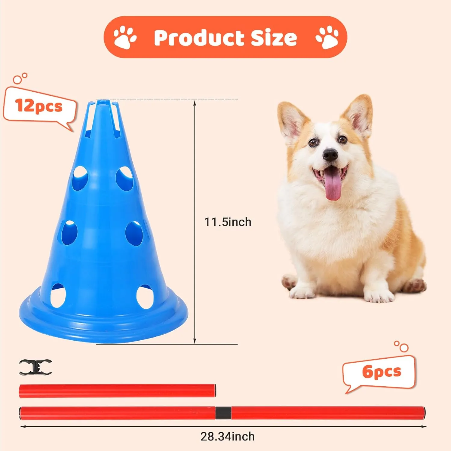 Dog Agile Hurdle Cone Set, Dog Agile Set Include 12 Cones & 6 Agile Rods & Carry Bag,Height Adjustable Crossbar for Beginners & Advanced