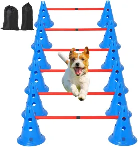 Dog Agile Hurdle Cone Set, Dog Agile Set Include 12 Cones & 6 Agile Rods & Carry Bag,Height Adjustable Crossbar for Beginners & Advanced